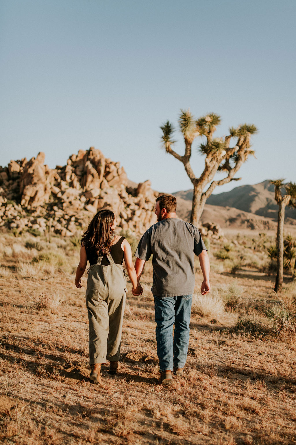 Joshua Tree National park. Couple holding hands and walking away from the camera